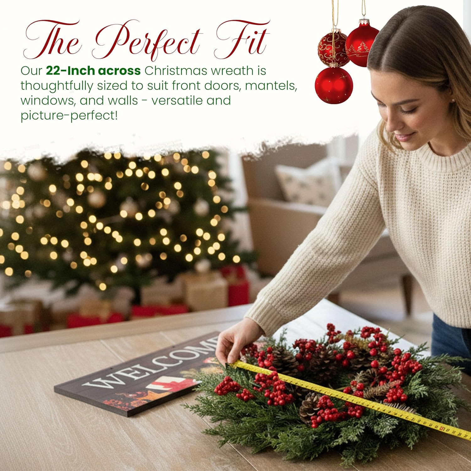 Christmas Wreath for Front Door 22 Inch – Rustic Farmhouse Holiday Wreath with Natural Vines, Pinecones & Red Berries – Two Wooden Signs Merry Christmas & Welcome – Handcrafted Indoor Outdoor Decor - Image 5