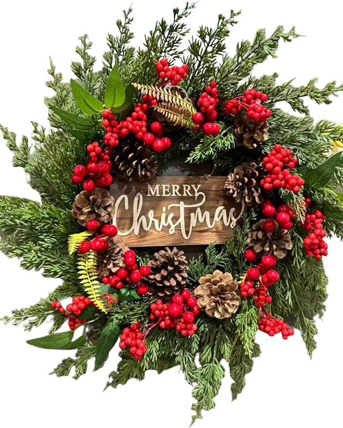 Christmas Wreath for Front Door 22 Inch – Rustic Farmhouse Holiday Wreath with Natural Vines, Pinecones & Red Berries – Two Wooden Signs Merry Christmas & Welcome – Handcrafted Indoor Outdoor Decor - Image 2