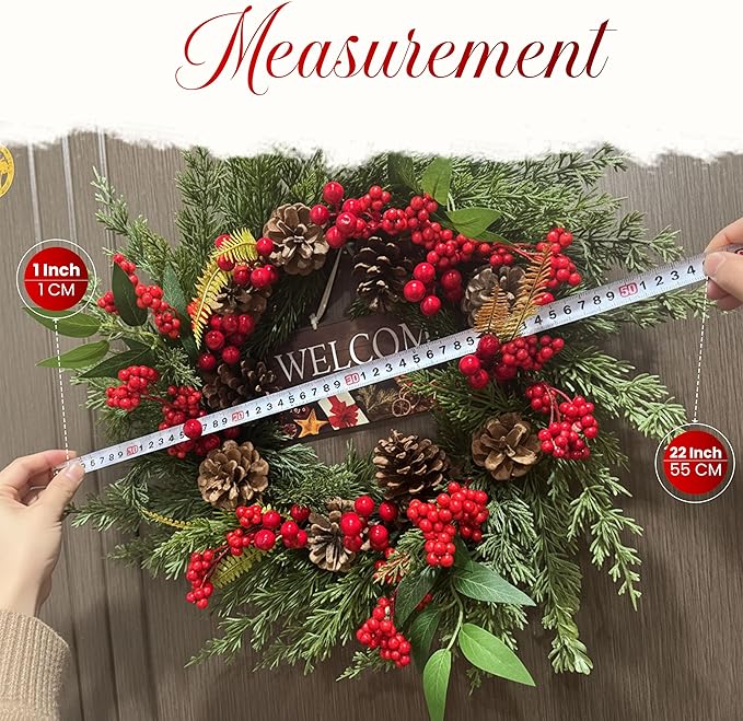 Christmas Wreath for Front Door 22 Inch – Rustic Farmhouse Holiday Wreath with Natural Vines, Pinecones & Red Berries – Two Wooden Signs Merry Christmas & Welcome – Handcrafted Indoor Outdoor Decor - Image 3