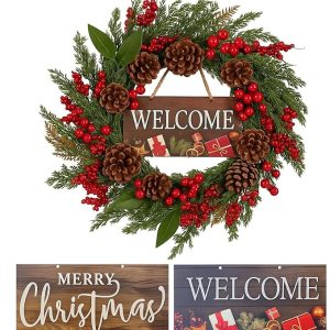Christmas Wreath for Front Door 22 Inch – Rustic Farmhouse Holiday Wreath with Natural Vines, Pinecones & Red Berries – Two Wooden Signs Merry Christmas & Welcome – Handcrafted Indoor Outdoor Decor