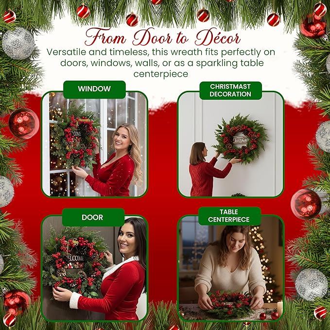 Christmas Wreath for Front Door 22 Inch – Rustic Farmhouse Holiday Wreath with Natural Vines, Pinecones & Red Berries – Two Wooden Signs Merry Christmas & Welcome – Handcrafted Indoor Outdoor Decor - Image 7
