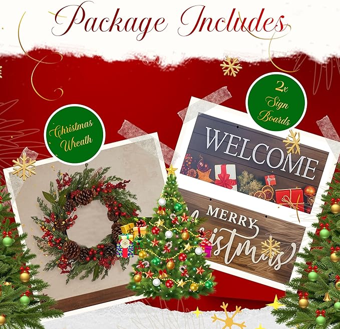 Christmas Wreath for Front Door 22 Inch – Rustic Farmhouse Holiday Wreath with Natural Vines, Pinecones & Red Berries – Two Wooden Signs Merry Christmas & Welcome – Handcrafted Indoor Outdoor Decor - Image 4