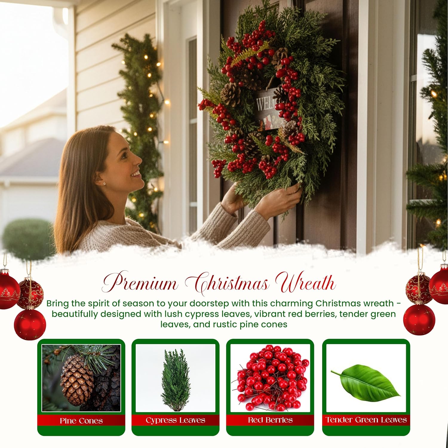 Christmas Wreath for Front Door 22 Inch – Rustic Farmhouse Holiday Wreath with Natural Vines, Pinecones & Red Berries – Two Wooden Signs Merry Christmas & Welcome – Handcrafted Indoor Outdoor Decor - Image 6