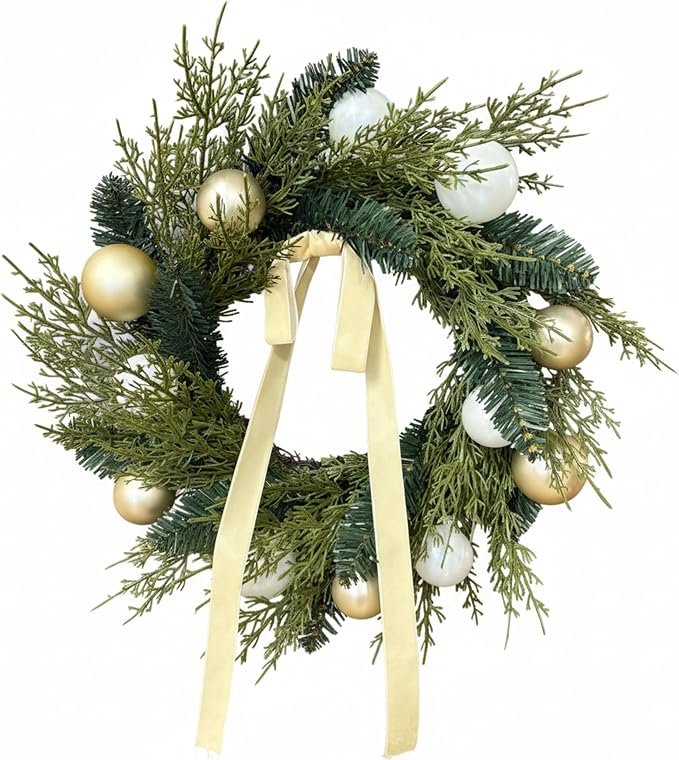 Nqube Christmas Wreath 20 Inch Gold and White Ornaments