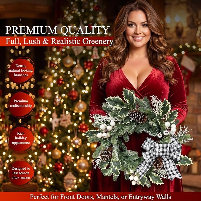 22 Inch Christmas Wreath Frosted Evergreen Buffalo Plaid Bow