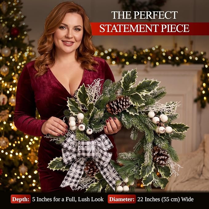 22 Inch Christmas Wreath Frosted Evergreen Buffalo Plaid Bow