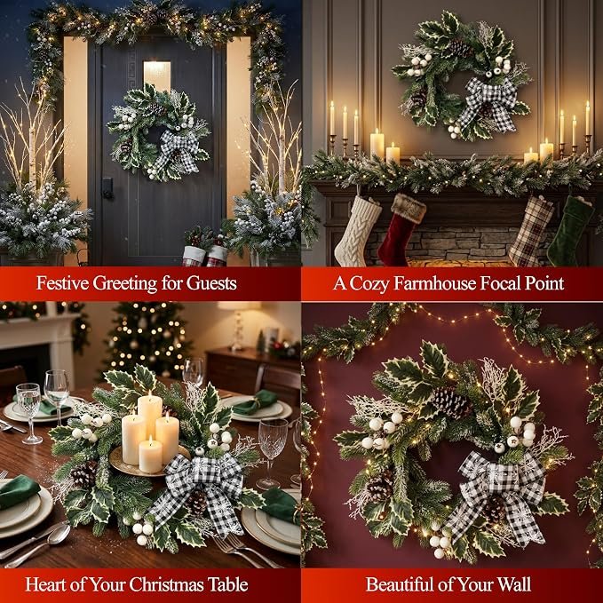 22 Inch Christmas Wreath Frosted Evergreen Buffalo Plaid Bow
