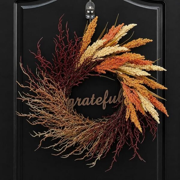 Grateful Thanksgiving Wreath – 22 in · Metal sign & burgundy grain