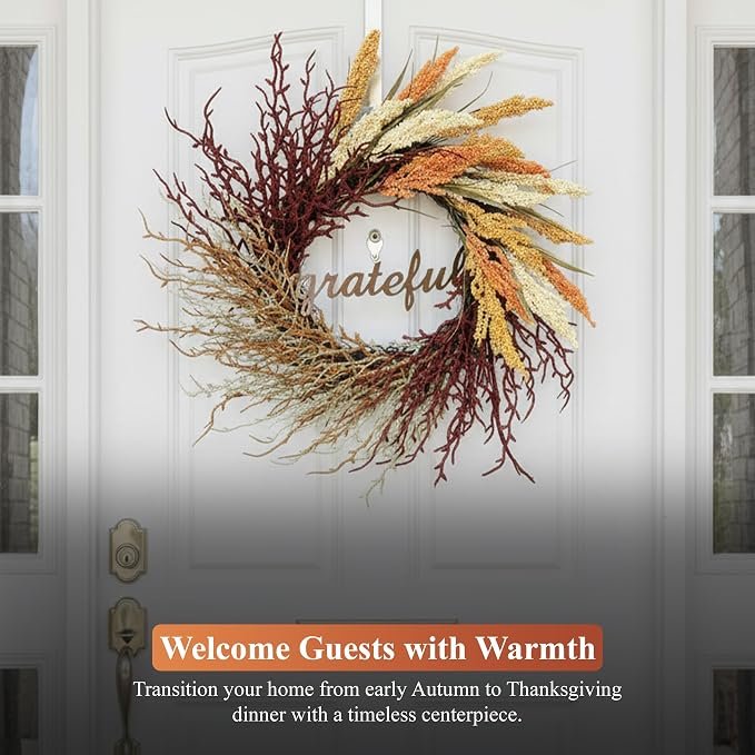 22 Inch Fall/Thanksgiving Wreath with Metal Grateful Sign