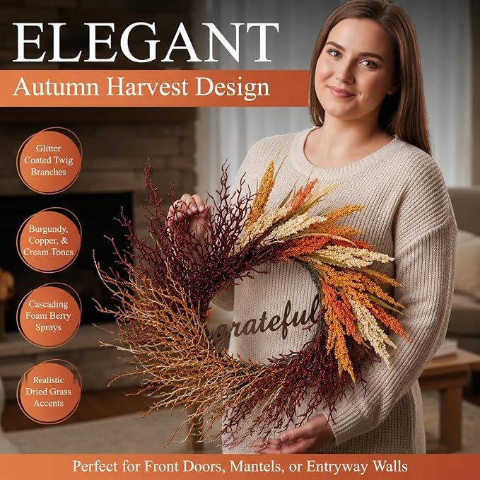 22 Inch Fall/Thanksgiving Wreath with Metal Grateful Sign