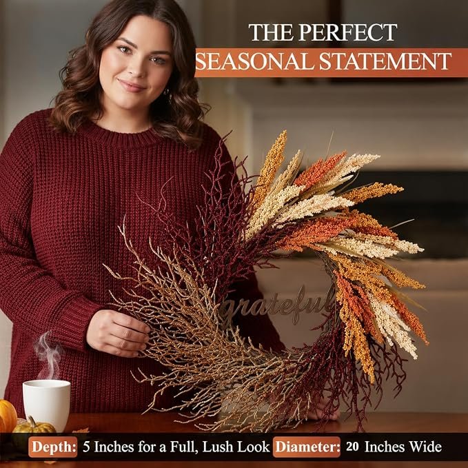 22 Inch Fall/Thanksgiving Wreath with Metal Grateful Sign