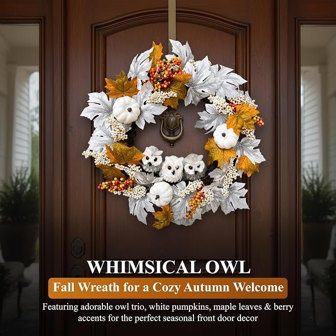 21 Inch Owl Fall Wreath with Pumpkins & Maple Leaves
