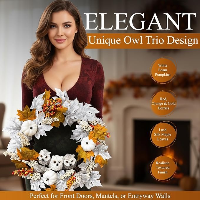 21 Inch Owl Fall Wreath with Pumpkins & Maple Leaves