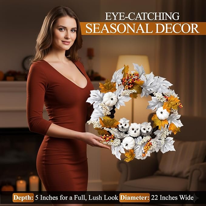 21 Inch Owl Fall Wreath with Pumpkins & Maple Leaves