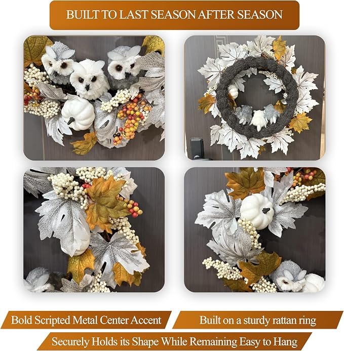 21 Inch Owl Fall Wreath with Pumpkins & Maple Leaves