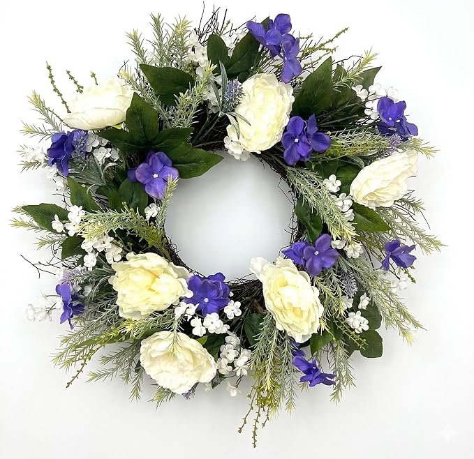 26-Inch Spring Summer Wreath White & Purple Floral