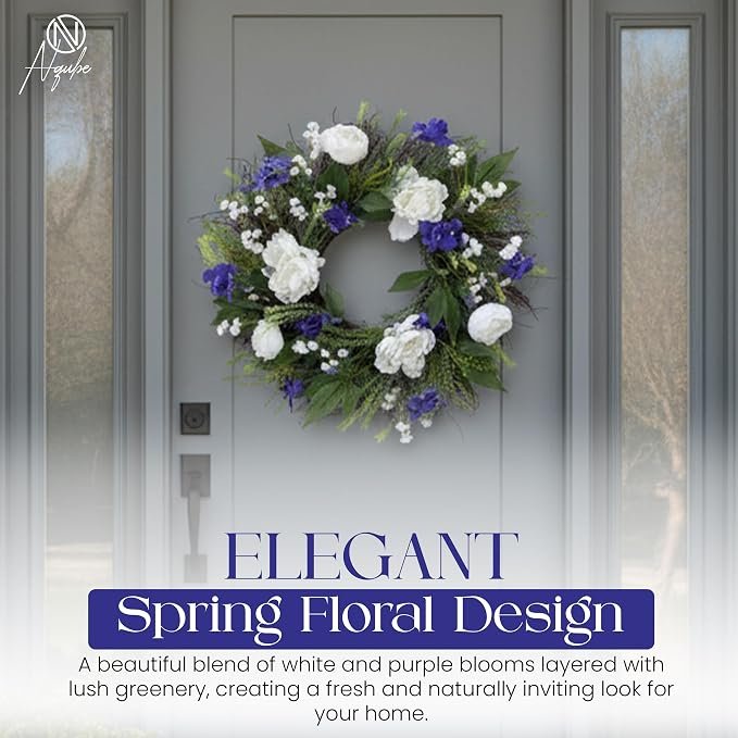 26-Inch Spring Summer Wreath White & Purple Floral