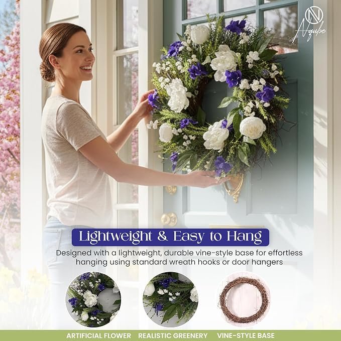26-Inch Spring Summer Wreath White & Purple Floral
