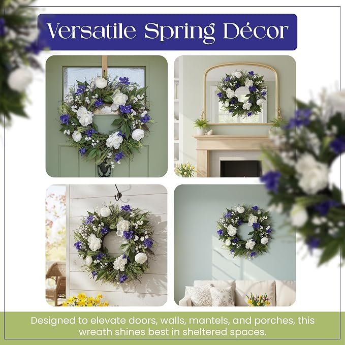 26-Inch Spring Summer Wreath White & Purple Floral