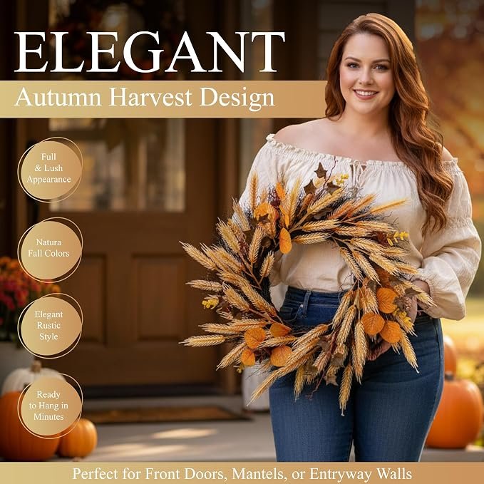 22 Inch Fall Wreath with Wheat & Silk Leaves