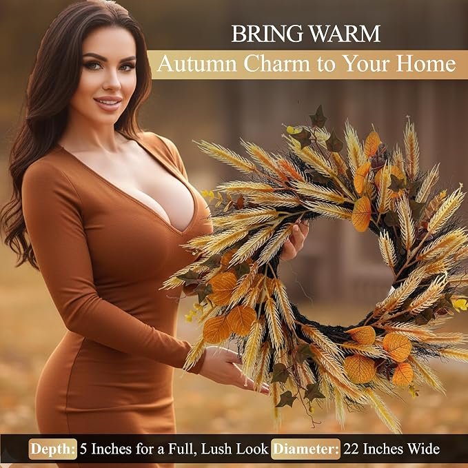 22 Inch Fall Wreath with Wheat & Silk Leaves