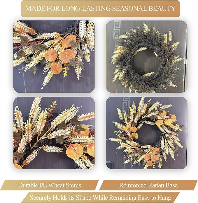 22 Inch Fall Wreath with Wheat & Silk Leaves